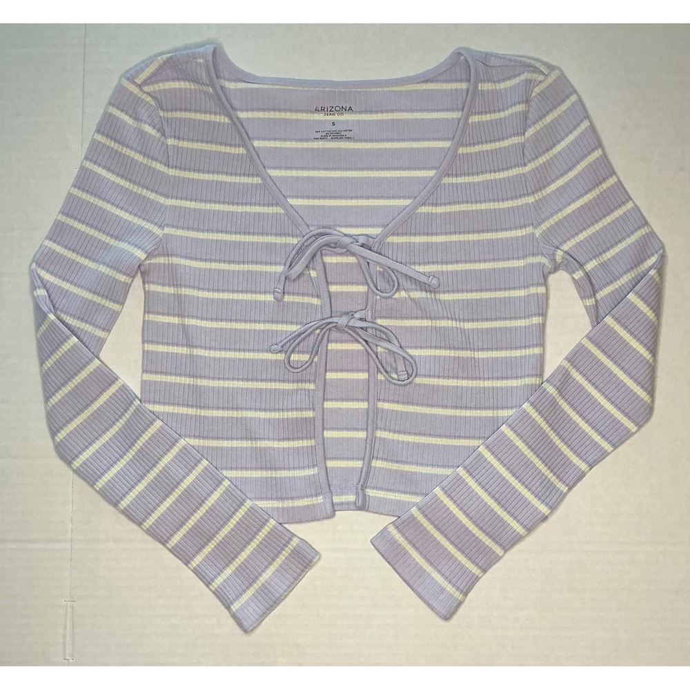 Arizona Purple Pastel Striped Ribbed Front Tie Cropped Cardigan Sweater